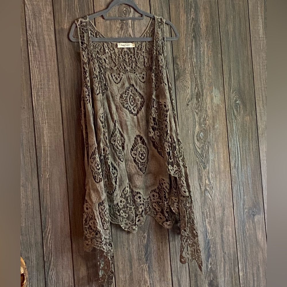 Simply Couture | Hi/Lo Open Boho Lace Vest | Taupe |  Size S